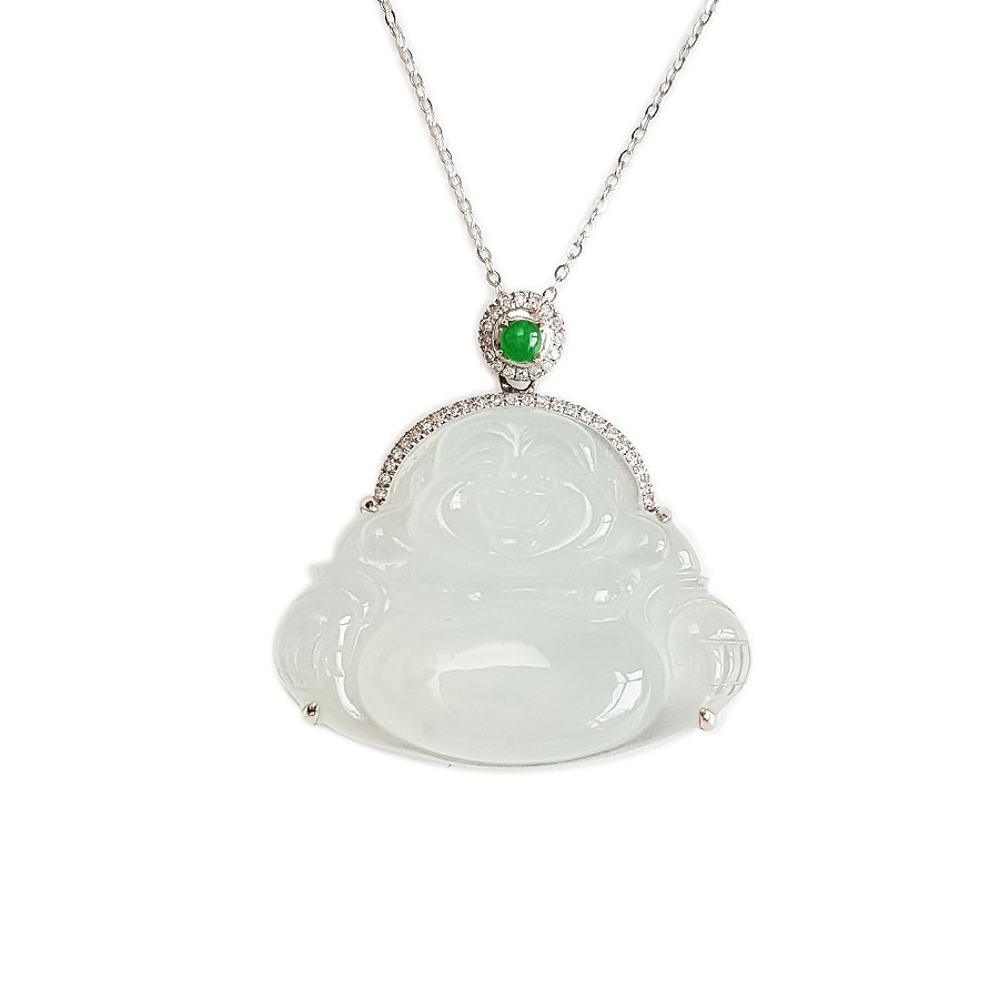 【天然正品】A货翡翠AU750精品白金镶钻镶天然冰种佛公翡翠（吉祥、平安）吊坠项链30.0*29.6*7.6MM（皆取最大值）060326NJS15