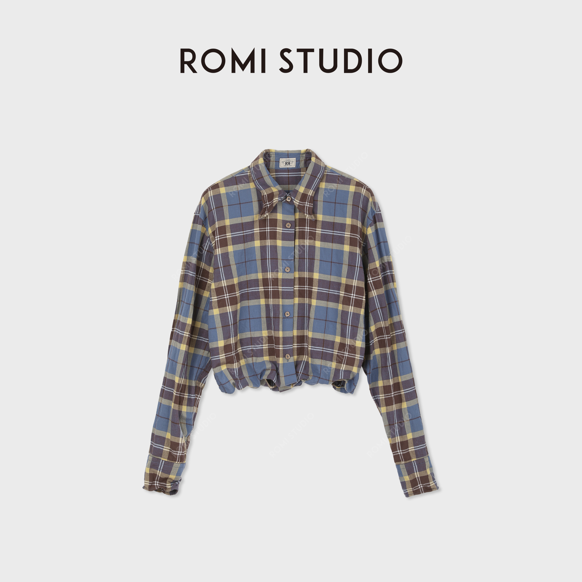 ROMI STUDIO进口色织棉格子铝丝可定型宽松长袖衬衫RWDSSY2463