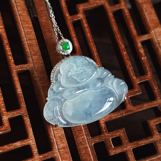 【天然正品】A货翡翠AU750精品白金镶钻镶天然冰种佛公翡翠（吉祥、平安）吊坠项链30.0*29.6*7.6MM（皆取最大值）060326NJS15 商品图9