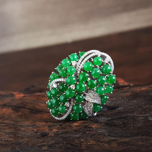 【天然正品】A货翡翠AU750白金镶钻群镶天然设计师花卉款细腻满绿冰种蛋面翡翠戒指16.5号（戒圈可改）280226HSD43 商品图2