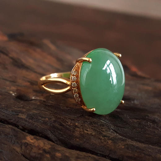 【天然正品】A货翡翠AU750黄金镶钻镶天然细腻满绿糯冰种蛋面翡翠戒指16.5号（戒圈可改）131125AH25 商品图4