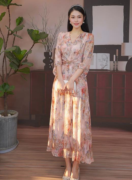 司歌重磅工艺盯珠印花收腰v领连衣裙中长裙A93G5725 商品图0