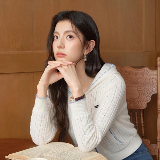 【严选】诗凡黎拉链连帽棉绞花开衫2026春宽松慵懒内搭坑条长袖上衣7H3431331 商品图2