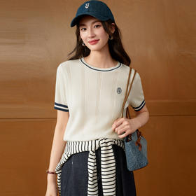 【严选】诗凡黎兰精天丝短袖针织衫2026春夏新款撞色边学院风刺绣圆领上衣7H3330731
