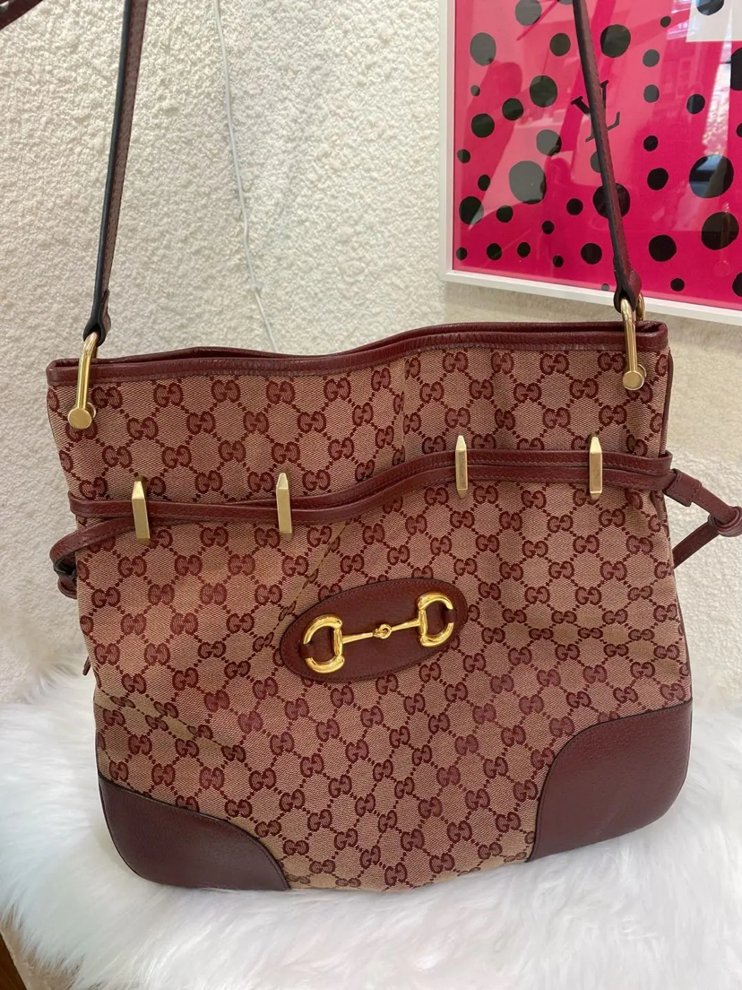 Gucci 1955 马衔扣 酒红色 老花 帆布拼皮 邮差包