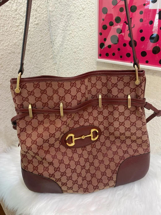 Gucci 1955 马衔扣 酒红色 老花 帆布拼皮 邮差包 商品图0