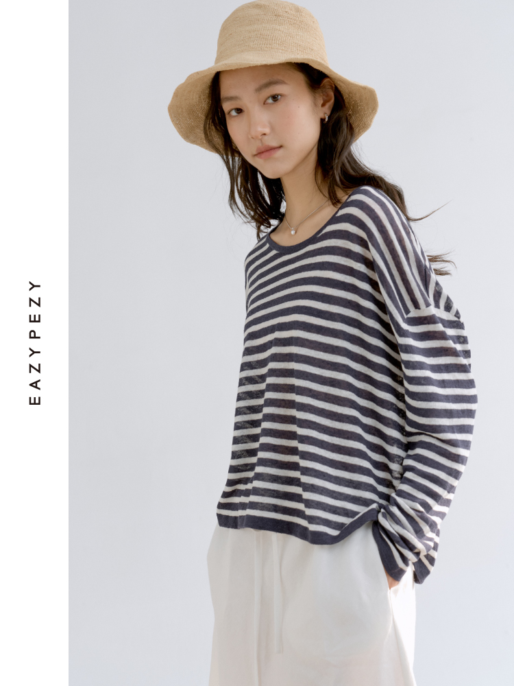 Sailor·亚麻条纹宽松长袖针织罩衫