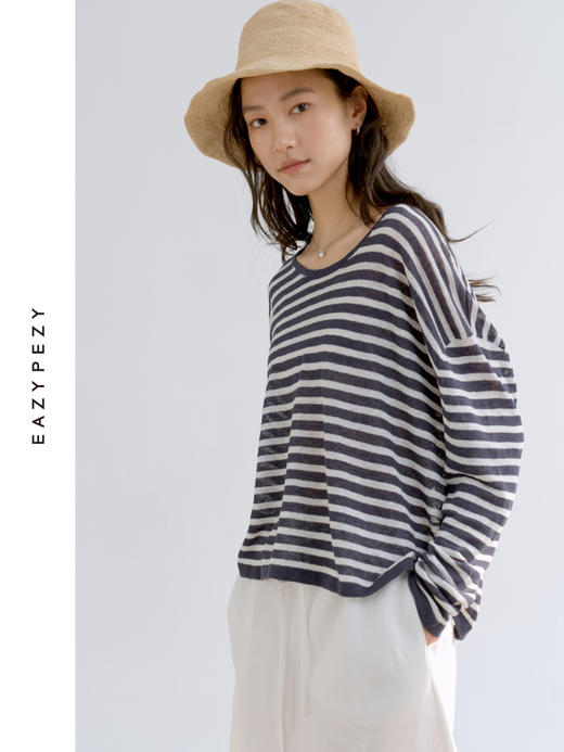Sailor·亚麻条纹宽松长袖针织罩衫 商品图0
