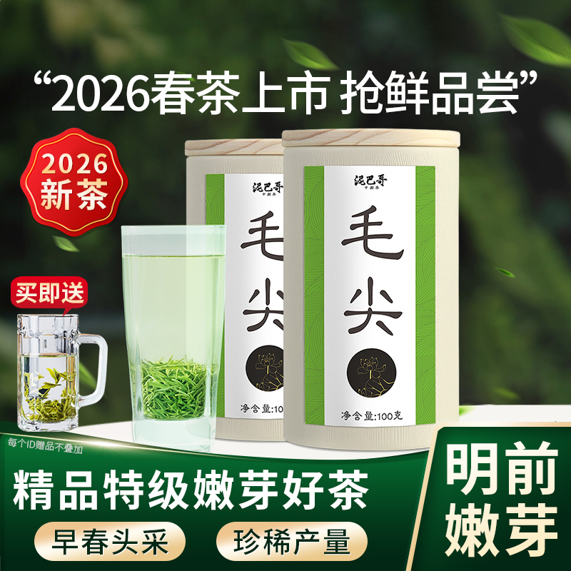 【2026春茶上市】泥巴哥精品毛尖嫩芽绿茶明前春茶100g*2罐