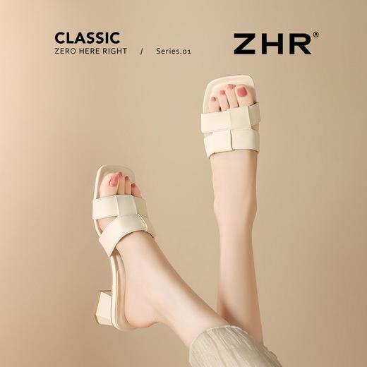ZHR则则粗跟一字拖鞋女2025新款夏季外穿方头配裙子法式时尚拖鞋 商品图6