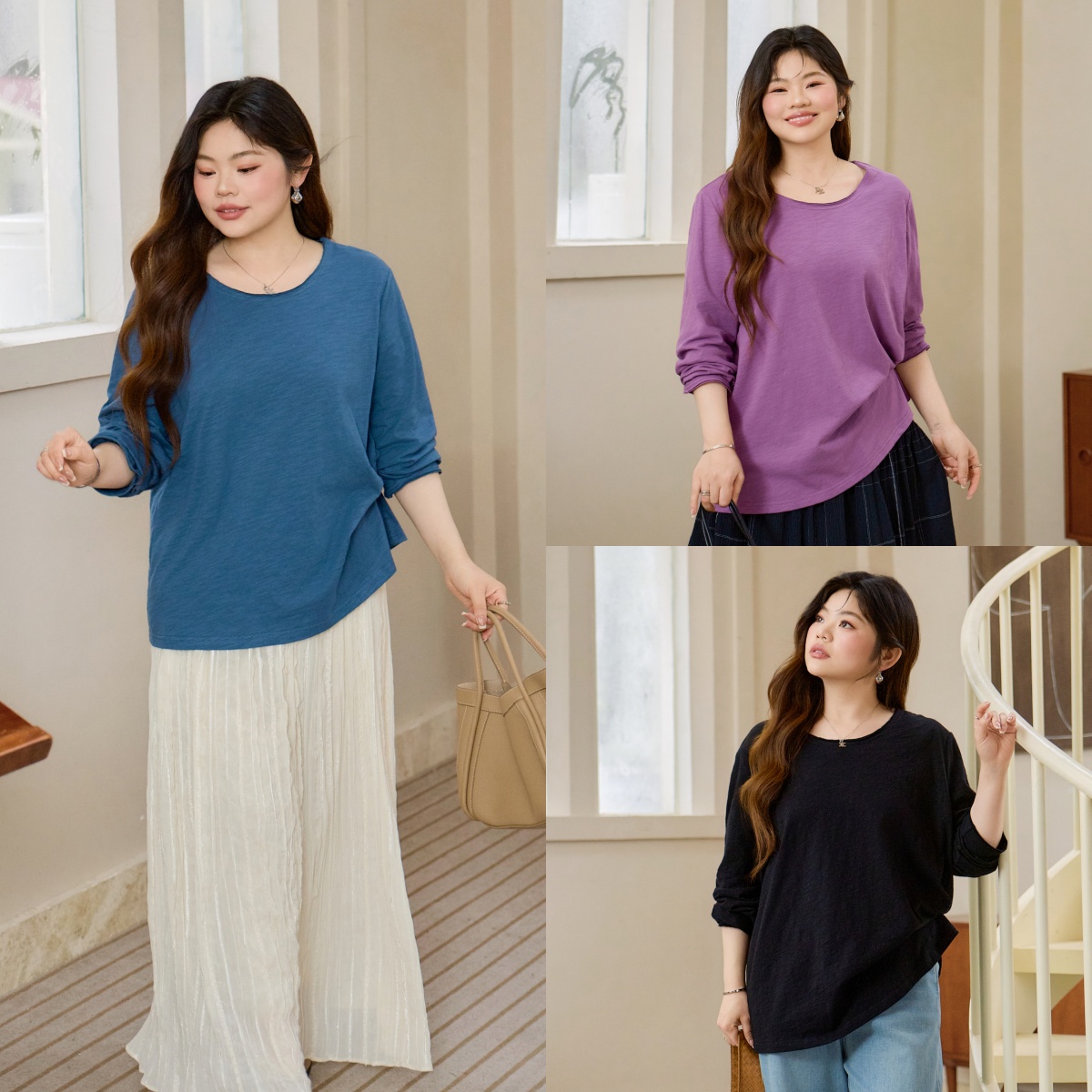 【3天内发货】100%棉糯感套头衫，把春天穿在身上！高级纯色，气质紫/经典黑/静谧蓝，解锁春日慵懒舒适【附赠布艺猫咪胸针】