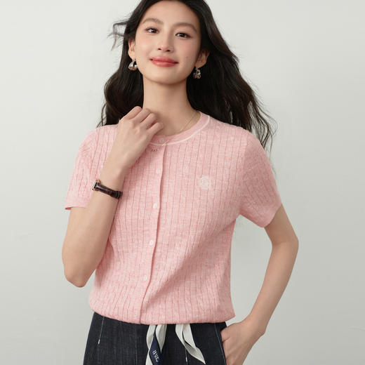 【严选】诗凡黎花纱小凉风绞花针织开衫2026夏新款显瘦透气圆领短袖上衣女7H3330681 商品图3