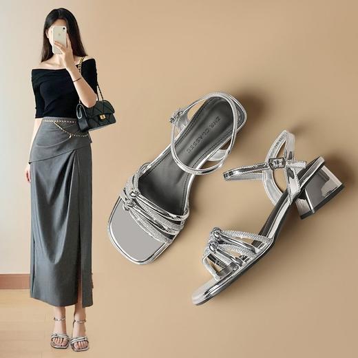 ZHR银色粗跟凉鞋通勤时装凉鞋夏季新款一字带高跟凉鞋ins水钻凉鞋 商品图0