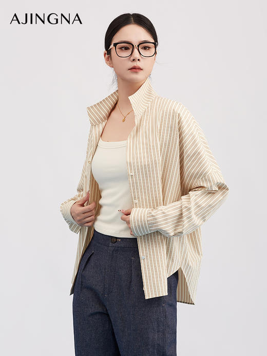 【商场同款】阿菁娜春季新款设计感条纹衫半开襟可翻可立实用与元气感兼具A31C109035 商品图2
