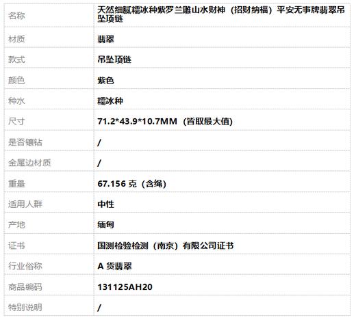 【天然正品】A货翡翠天然细腻糯冰种紫罗兰雕山水财神（招财纳福）平安无事牌翡翠吊坠项链71.2*43.9*10.7MM（皆取最大值）131125AH20 商品图9