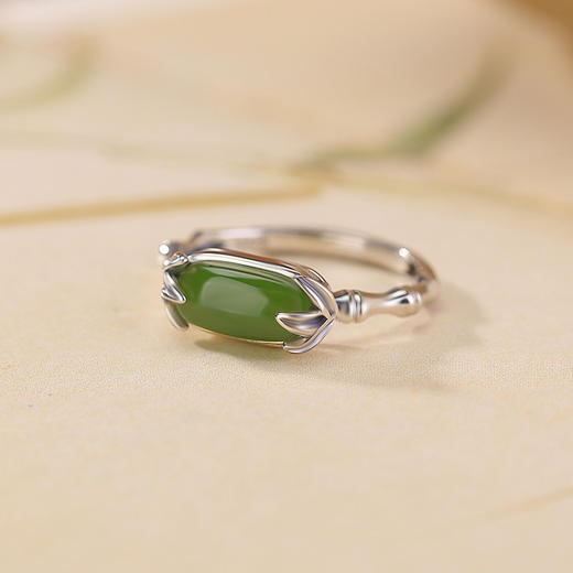 【乐宁】S925纯银和田玉碧玉复古竹节竹叶开口戒指【CW-JZ07525】 商品图1