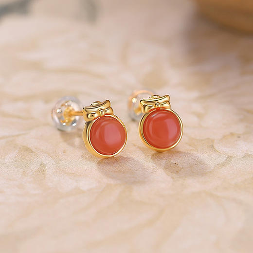 【禧乐】S925纯银镀金水红南红玛瑙圆形福字红色耳钉【CW-ED04574】 商品图2