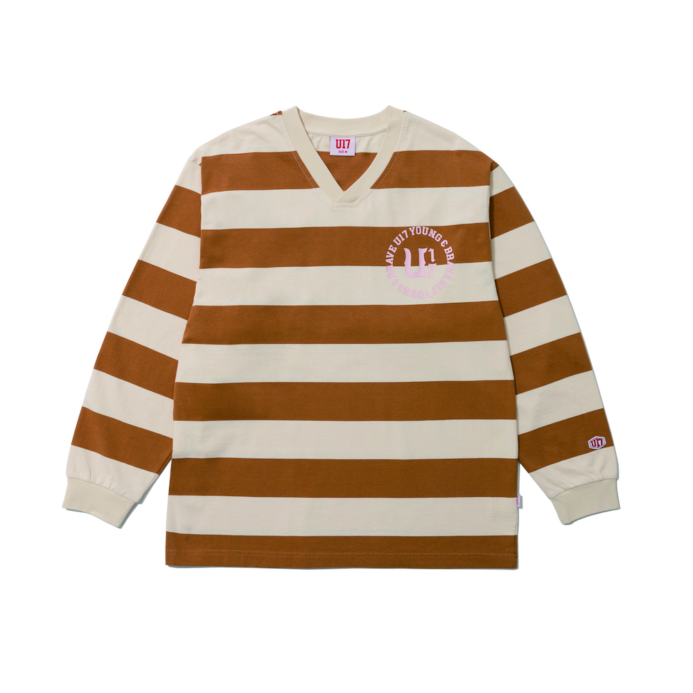U17 宽条纹色织V领长袖Tee  米棕条纹