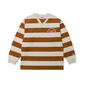 U17 宽条纹色织V领长袖Tee  米棕条纹