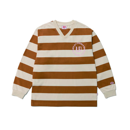 U17 宽条纹色织V领长袖Tee  米棕条纹 商品图0