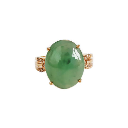 【天然正品】A货翡翠AU750黄金镶钻镶天然细腻满绿糯冰种蛋面翡翠戒指21号131125AH13 商品图0