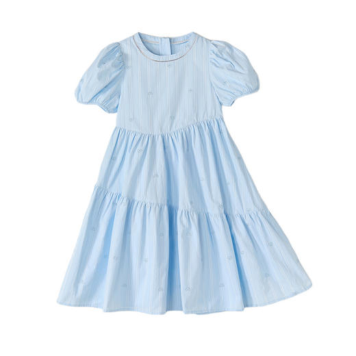 笛莎Deesha 2026年夏季新款中童女童F时尚出街肌理感蓝色条纹棉布精美刺绣泡泡袖连衣裙 商品图4