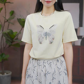 司歌休闲圆领特色重工盯珠圆领盯珠T恤上衣女T93G9232