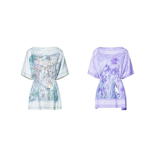 两三事梵高文艺 野境生花 2026夏季新款复古印花绑带一字领t恤女 商品图4