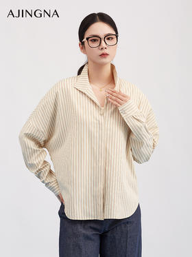 【商场同款】阿菁娜春季新款设计感条纹衫半开襟可翻可立实用与元气感兼具A31C109035