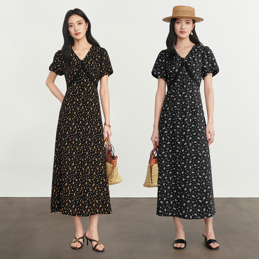 【严选】朱珠代言伊芙丽法式优雅收腰显瘦V领雪纺碎花连衣裙女2026新款1H4990511 商品图4
