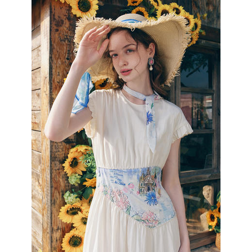 两三事梵高文艺微光恋曲2026春新款可拆领带印花假腰封拼接连衣裙 商品图2