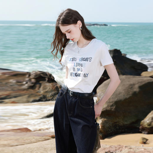 三彩2026夏季新款字母绣花T恤圆领正肩短袖上衣套头衫休闲M 商品图1