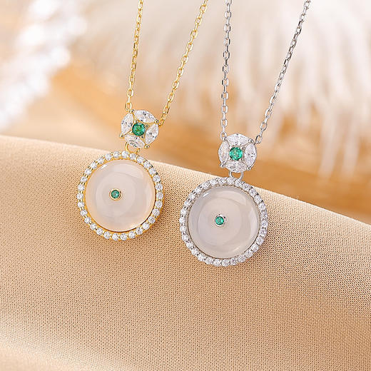 【扣平安】S925纯银镶玉髓平安扣镶钻套链【CW-23366】 商品图1