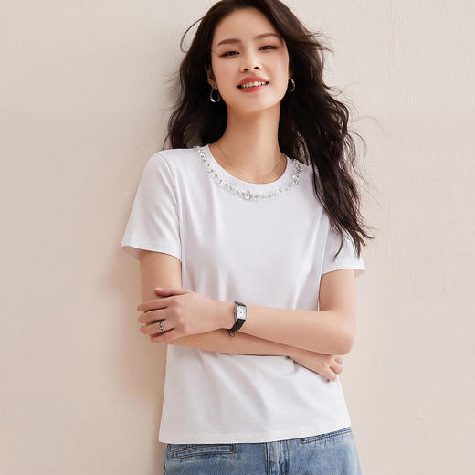 「自j」全新升级【铂金会员128/天猫169/差价41】(01145)洛诗琳新款珠钻亮片丝光棉T恤2026春夏新款正肩休闲短袖上衣 商品图2