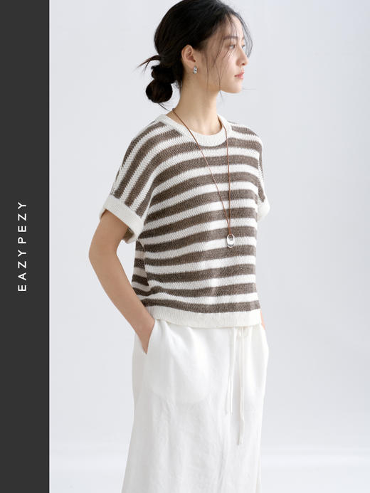 航海假日·亚麻条纹连肩袖针织套衫 商品图2