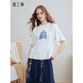 两三事山云录2026春季新款文艺风撞色织带剪纸印花荷叶边领衬衫女