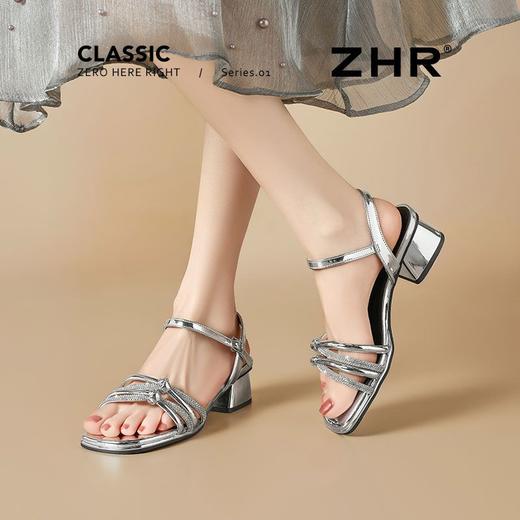 ZHR银色粗跟凉鞋通勤时装凉鞋夏季新款一字带高跟凉鞋ins水钻凉鞋 商品图2