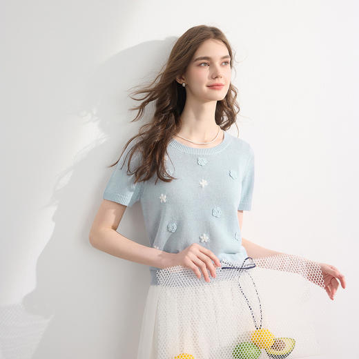 三彩2026夏季新款花朵针织衫圆领短袖正肩毛衫套头衫短款上衣M 商品图1