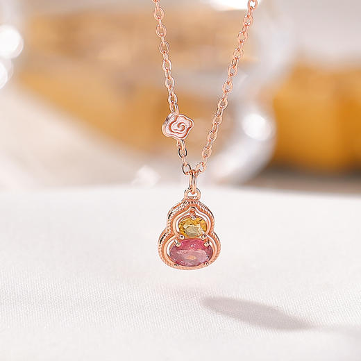 【祥云葫芦】S925纯银镀玫瑰金碧玺葫芦祥云套链【CW-XL00538】 商品图1