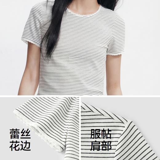 【99元任选2件】森马短袖T恤女夏季短款蕾丝花边圆领紧身衣服显瘦温柔气质条纹衫 商品图3