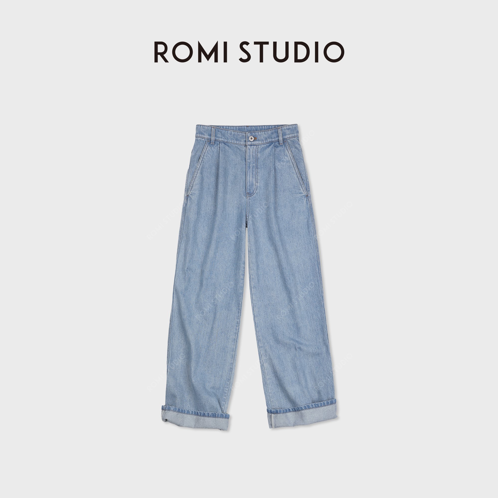 ROMI STUDIO“四季牛仔”全棉复古水洗高腰阔腿牛仔长裤RWDSXT1636