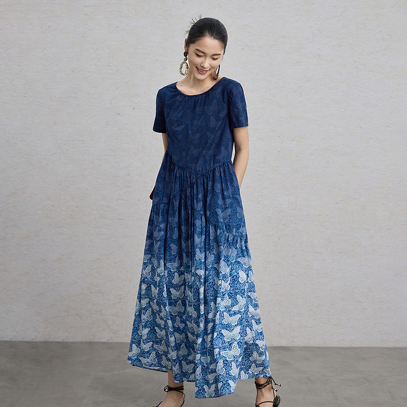 【林栖设计小店】 翩然蝶舞|纯棉蝴蝶印花渐变蓝宽松早春新品连衣裙1961265