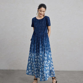 【林栖设计小店】 翩然蝶舞|纯棉蝴蝶印花渐变蓝宽松2026早春新品连衣裙1961265