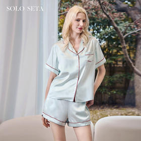 Solo seta22姆米玻尿酸真丝睡衣套装桑蚕丝短袖短裤刺绣家居服