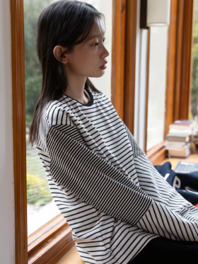 步履不停/6A16109C/拼接条纹T恤