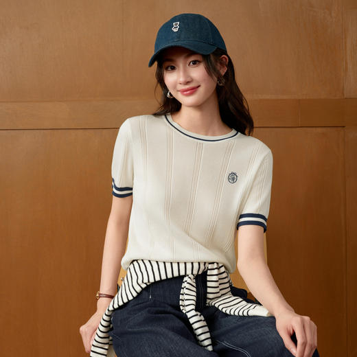 【严选】诗凡黎兰精天丝短袖针织衫2026春夏新款撞色边学院风刺绣圆领上衣7H3330731 商品图4
