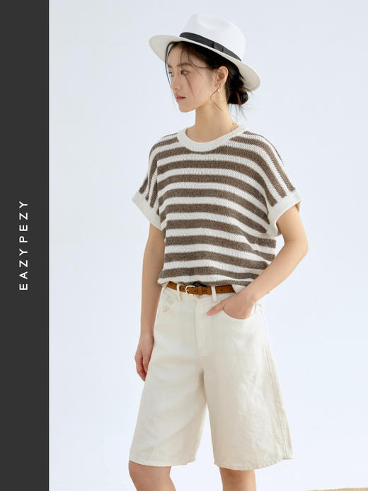 航海假日·亚麻条纹连肩袖针织套衫 商品图1