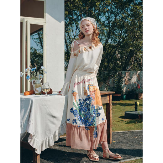 两三事梵高文艺 午后花影 2026夏季新款复古荷叶边裙摆印花半身裙 商品图2