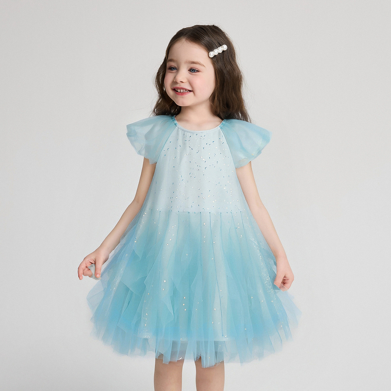 笛莎Deesha 2026年夏季新款小童女童精致公主网纱小飞袖连衣裙珠片连衣裙