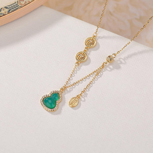【招财葫芦】S925纯银镀金绿玉髓葫芦招财福字套链【CW-XL00533】 商品图1